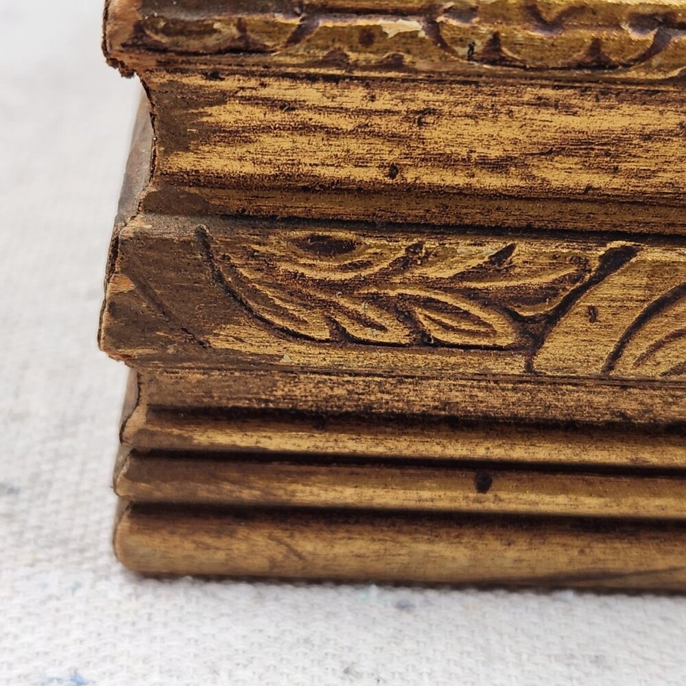 VTG Trinket Jewelry Box Carved Wood Mirror Interior Glass Top Gold Tone 8X6X2.5" - Picture 10 of 15